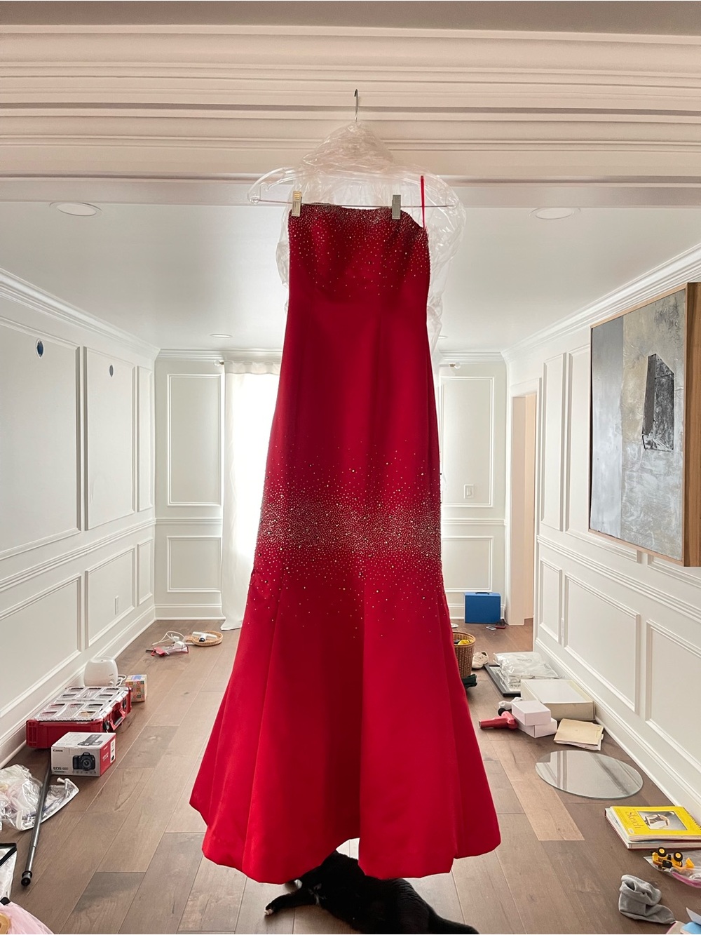 Strapless Red Beaded Evening Gown